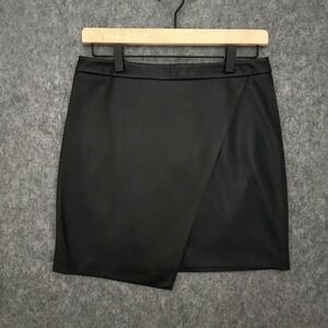 KIABI Skirt Womens 2 Black Faux Leather Asymmetric Wrap Mini Zipper Lined